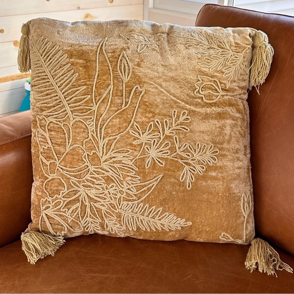 Retro Bohemian Botanical Velvet Embroidered Throw Pillow Tassels Leaf Eclectic